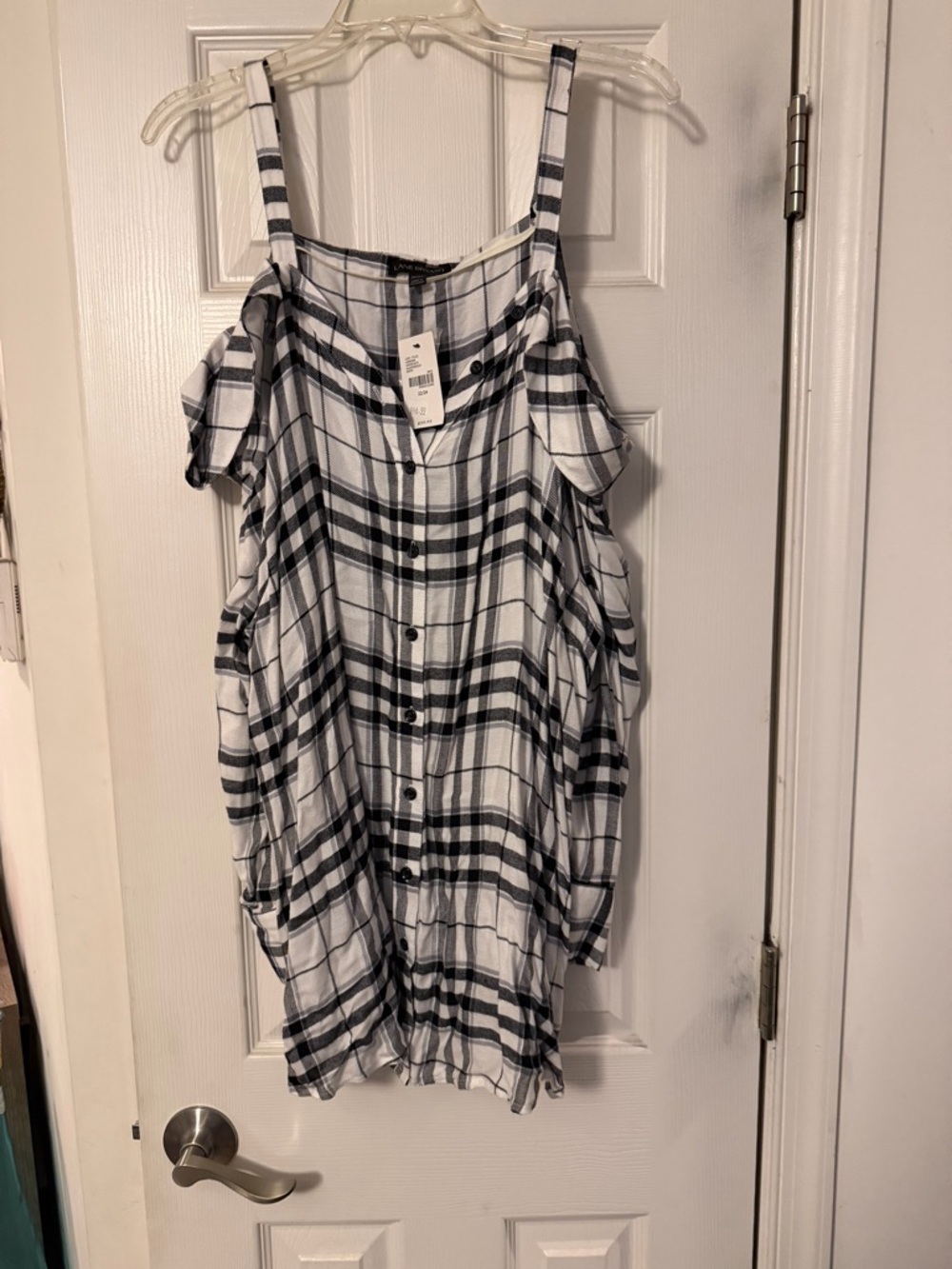 Lane Bryant Black and White Plaid Cold Shoulder Button-Up Top